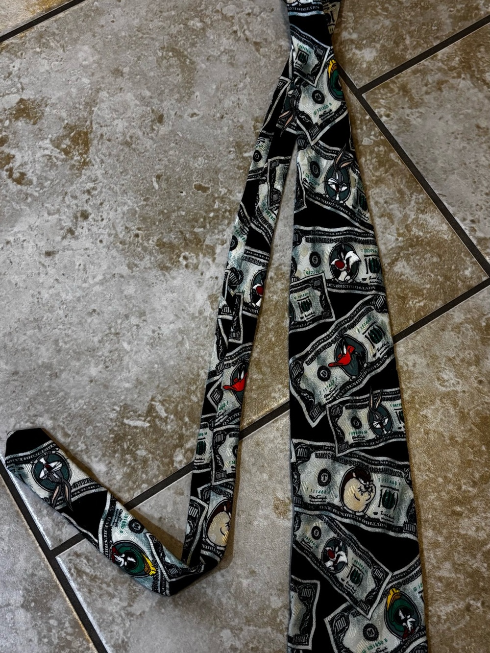 Vintage 1996 Warner Bros. Black Tie with Cartoon Money Motif and Color Accents